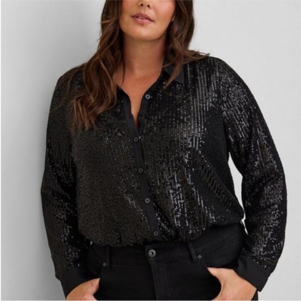 NWT Torrid Madison Sequin Button Down Drapey Blouse with Satin Collar 3X